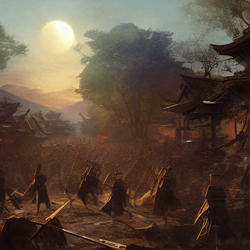 The samurais and villagers emerging victorious from the battle, with the village in ruins and the sunset shining on the aftermath.